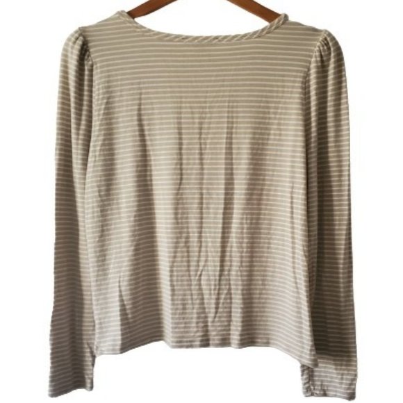 Haute Monde Women's White Striped Twisted Front Hem Long Sleeve Shirt Tan Large - Picture 2 of 10